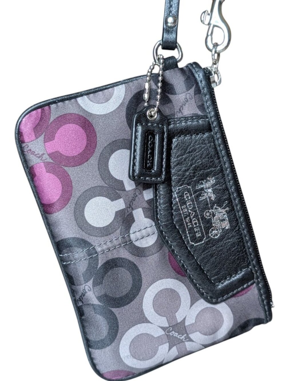 Coach Madison Clover Op Art Signature Wristlet – Purple, Grey & Black Sateen